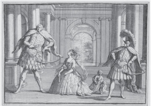 Figura 1. Caricatura de dos famosos castrati italianos, una mujer en medio, y atrás un