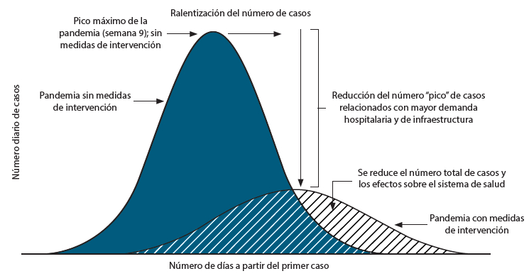 Figura 3. Aplanamiento de la curva. Se muestra el efecto de las medidas de intervención sobre la ralentización del